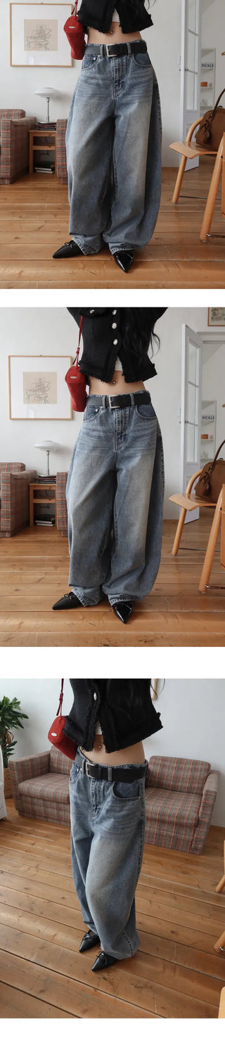 Balloon fit Faded low-rise wide denim pt - 3 colors