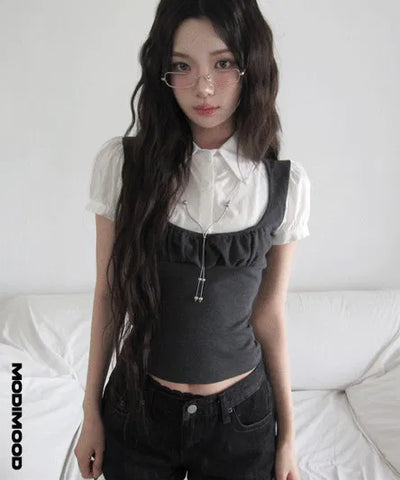 Rouge Puff Short Sleeve Vest Blouse Set - 3 Colors
