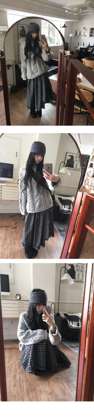 Roeun Vintage Frill Long Check Skirt