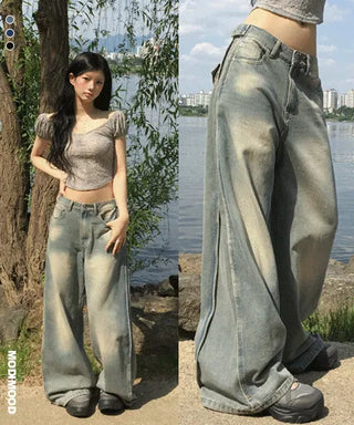 Adjustable waist/length, side Split , pin tuck , Faded denim pt - 3 colors