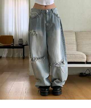 Lace Damage Vintage Faded Light Blue Pants