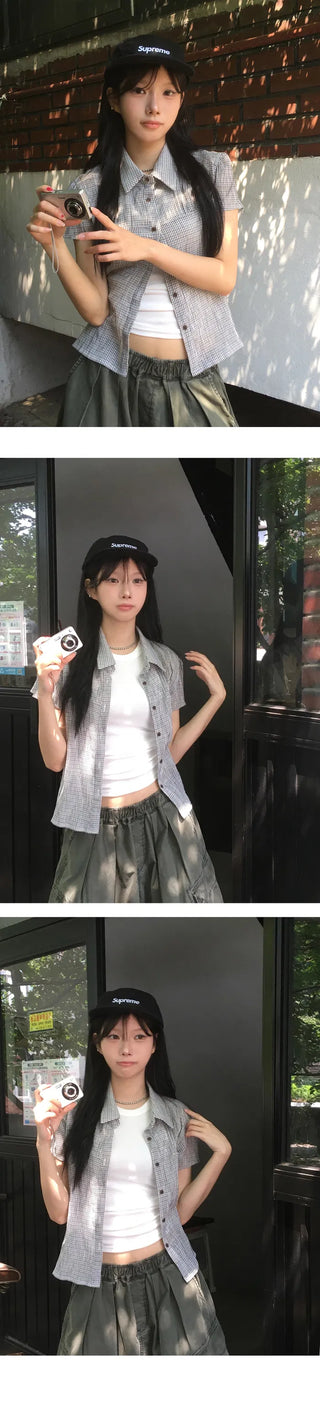 New York Shirring Short Sleeve Check Blouse BL - 2 Colors