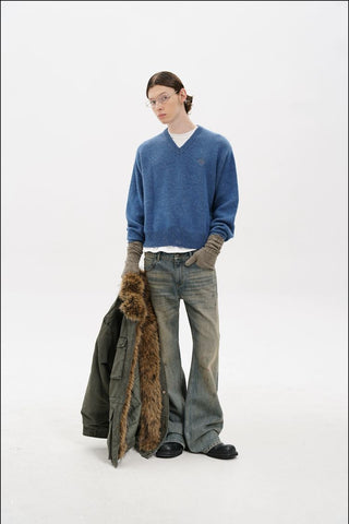 [MASONPRINCE] Double-Sided Jacquard V-Neck Wool Blend Sweater