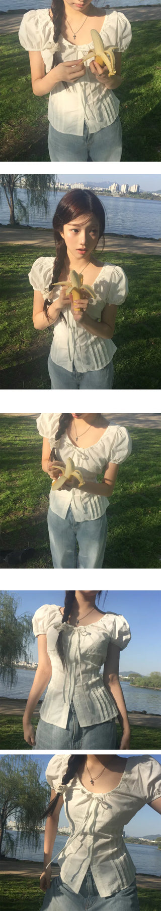 Picnic Ribbon Round Puff Pintuck Blouse - 2 Colors
