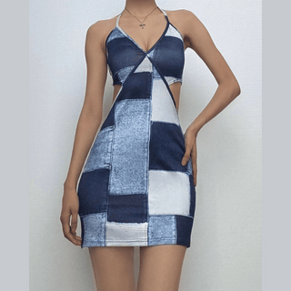 Halter patchwork denim hollow out cut out mini dress