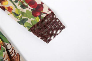 Mesh flower print contrast zip-up off shoulder long sleeve ruched midi dress-final-sale