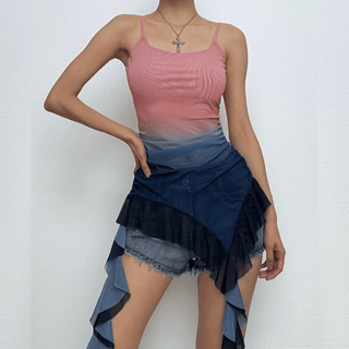 U neck sheer mesh gradient irregular ruffle cami top