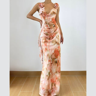 Cowl neck flower applique print halter maxi dress