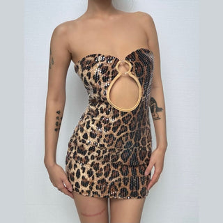 Leopard print o ring glitter hollow out tube cut out mini dress