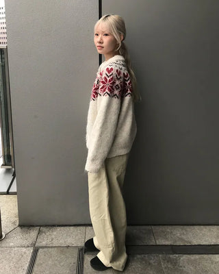 Colored Neck Nordic Knit Cardigan