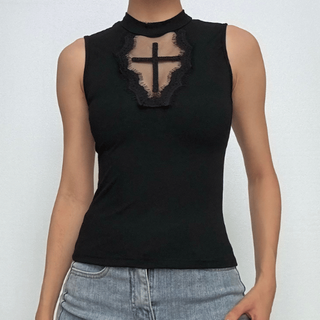 Sleeveless crewneck cross pattern solid top