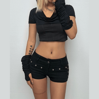 Hoodie cowl neck hollow out long sleeve corset crop cut out top