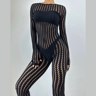 Long sleeve round neck gloves hollow out jumpsuit