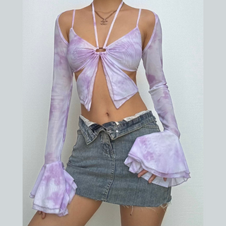 Long flared sleeve halter ruffle hollow out print cut out top