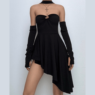 Irregular solid halter gloves o ring backless mini dress