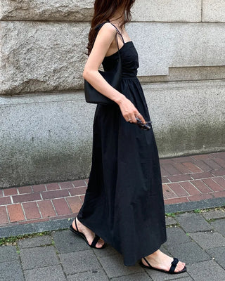 Side-tucked flared long dress