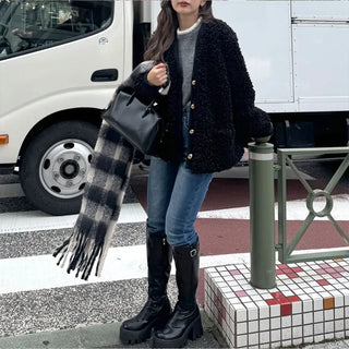 V-neck boa jacket