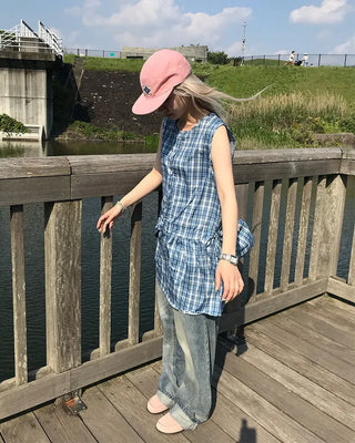 Checkered frill ribbon dress