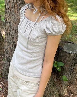 Rose Tie Set Puff Sleeve Gathered Rib Top