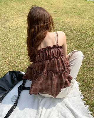 Frilled Shirring Check Sleeveless Dress