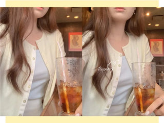 [SET] Cropped Short-Sleeve Ribbed Sleeveless Cardigan Set (4c)