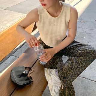 Leopard print denim pants