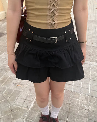 (With belt) Studded ruffle mini skirt