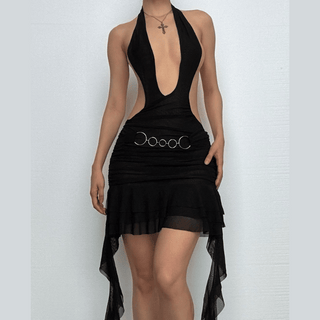 Halter ruffle o ring sheer mesh mini dress