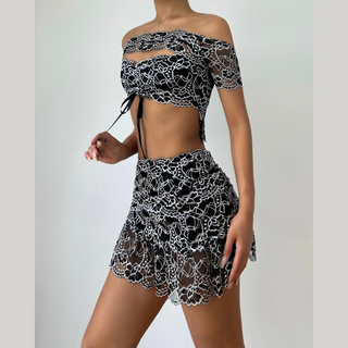 Off shoulder hollow out lace mini skirt set