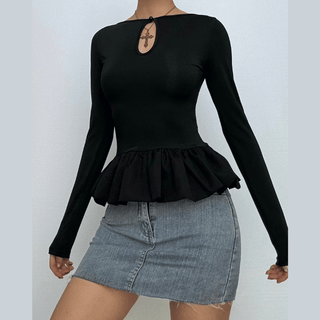 Ruched long sleeve round neck hollow out ruffle cut out top