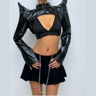 PU leather long sleeve zip-up crop top