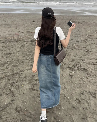 Front slit denim long skirt