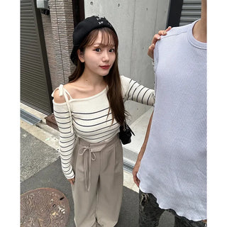 Shoulder ribbon striped knit