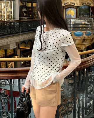 Dot lace layered short-sleeved T-shirt