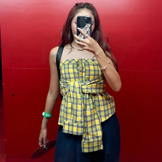 Checked Ribbon Shirt Tube Top