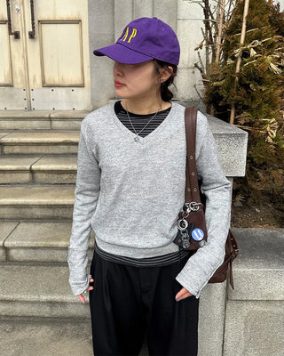 Sleeve Button V-Neck Long T-Shirt