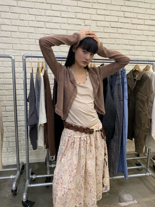 [NEVERSEEZ] Layered Lace Floral Midi Skirt