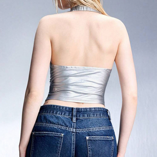 Metallic v neck button halter ruched top