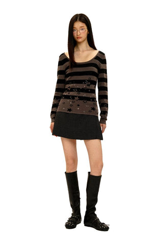 [Moromoro2] Star Striped Rhinestone Knit  Top