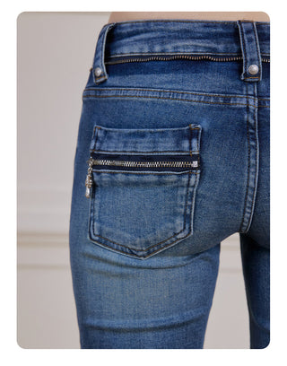 [NECY] Cross Zip Pocket Washed Slim Flare Jeans