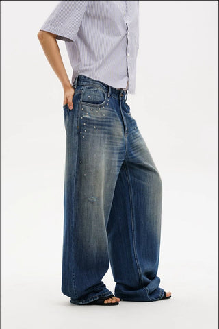 [MASONPRINCE] Studded Wide Leg Distressed Jeans