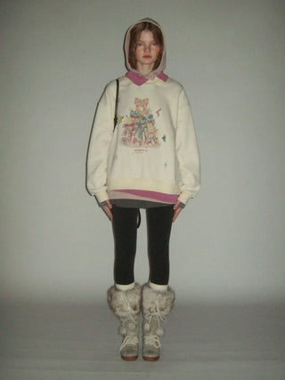 [Moromoro2] Bow Print Layered Hooded  Sweatshirt