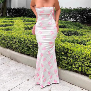 Backless flower print tube maxi dress