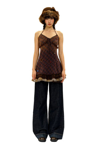 [Moromoro2] Star Polka Dot Mesh Fur Trim Cami  Dress