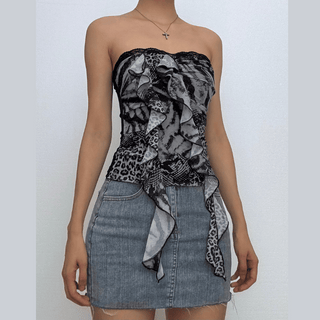 Leopard print ruffle lace hem tube top