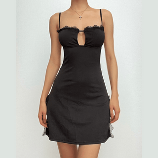 Lace hem solid hollow out backless slit cami cut out mini dress