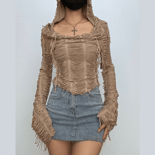 Long sleeve tassels hoodie irregular solid top