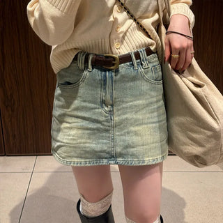 Belted denim mini skirt