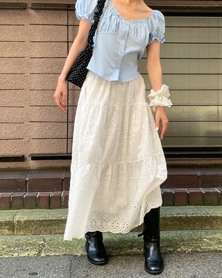 Perforated lace long skirt