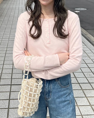 Half-open neck simple ribbed long-sleeve T-shirt